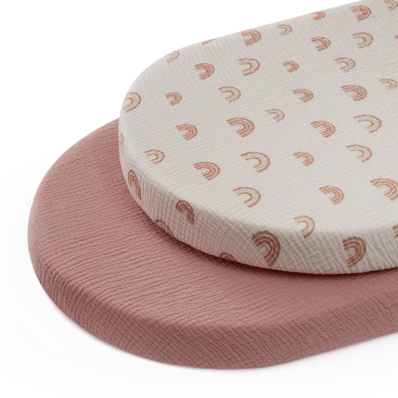 Blissful Diary Muslin Bassinet Sheets for Baby Girls Boys Boho Soft Cotton Fitted for Oval Hourglass Rectangle Mattress 2 PackDusty PinkRainbow - Image 2