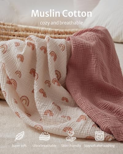 Blissful Diary Muslin Bassinet Sheets for Baby Girls Boys Boho Soft Cotton Fitted for Oval Hourglass Rectangle Mattress 2 PackDusty PinkRainbow - Image 3