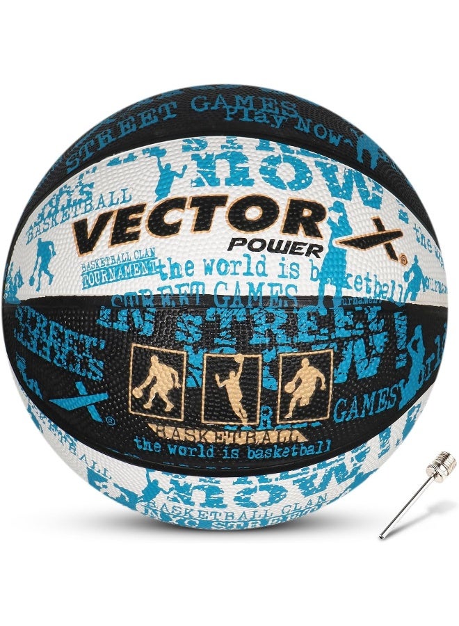 Vector X Power Rubber Basketball – Durable Indoor/Outdoor Ball, Black-White & Blue - Image 1