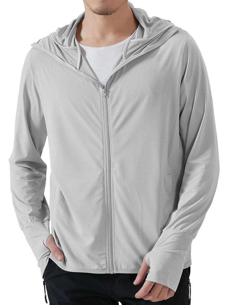 Locachy Men's UPF 50+ Sun Protection Outdoor Lightweight Full Zip Hoodie Jacket Long Sleeve Fishing Hiking Performance Shirt Light Grey M - Image 1