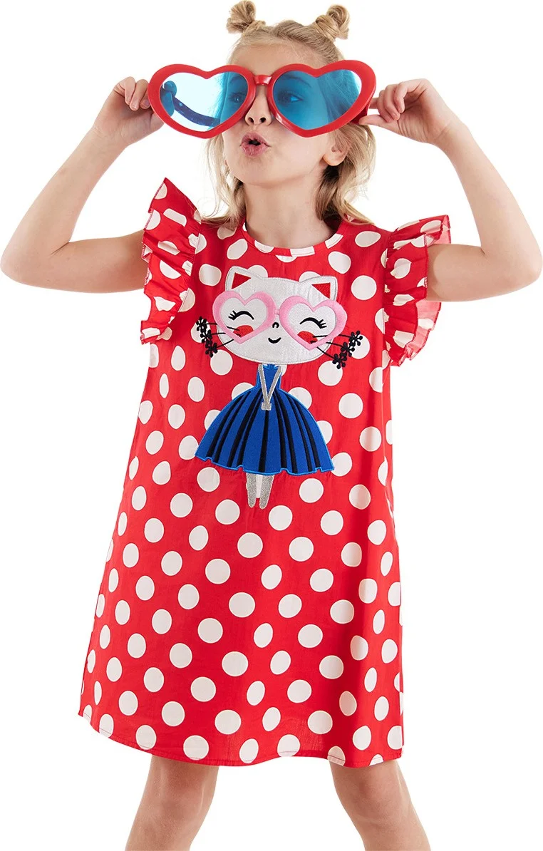 Denokids Polka Dot Kitten Girl Poplin Dress