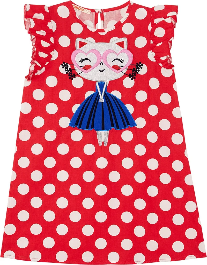 Denokids Polka Dot Kitten Girl Poplin Dress