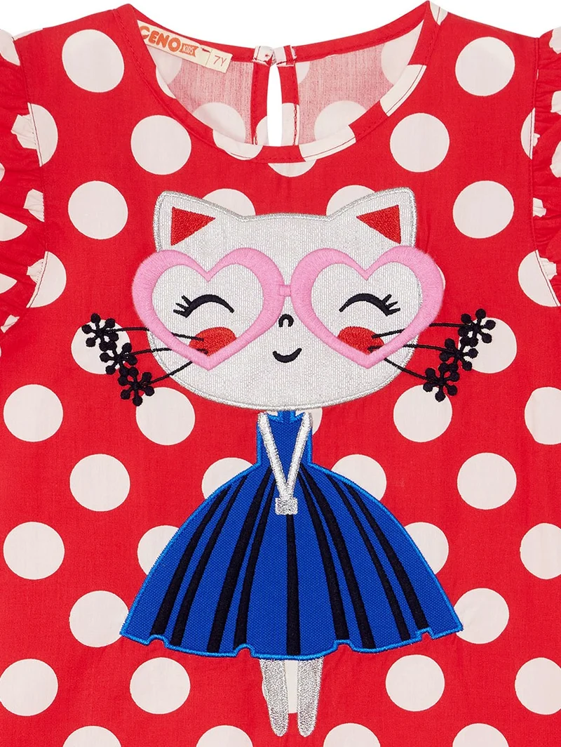 Denokids Polka Dot Kitten Girl Poplin Dress