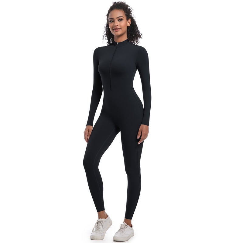 New Cross-Border European Style Half-Zip Tight-Fit Solid Color High-Elastic Long Yoga Suit for Fitness and Running