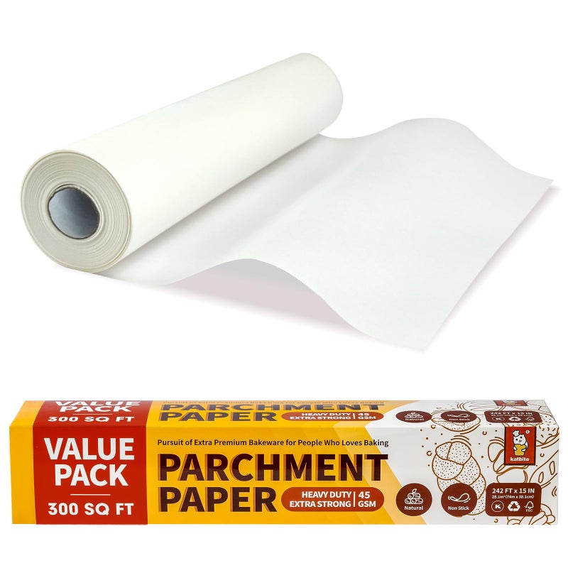 Katbite 15in x 242ft 300 SqFt Value Pack Parchment Paper Roll for Baking Parchment Baking Paper with Serrated Cutter Heavy Duty  Value Pack Roll for Cooking Air Fryer Steaming Bread