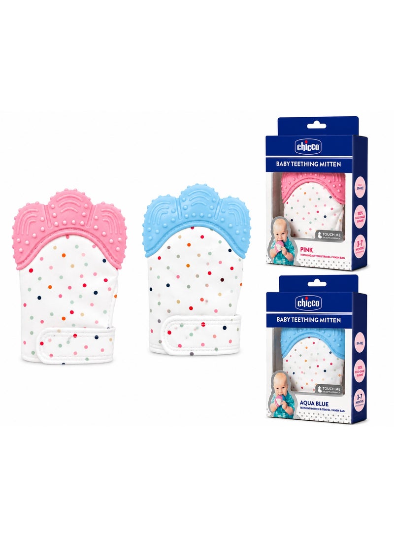 CHICCO Baby Teething Mitten Set, Pink & Aqua Blue, 2 Pieces, Food-Grade Silicone - Image 1