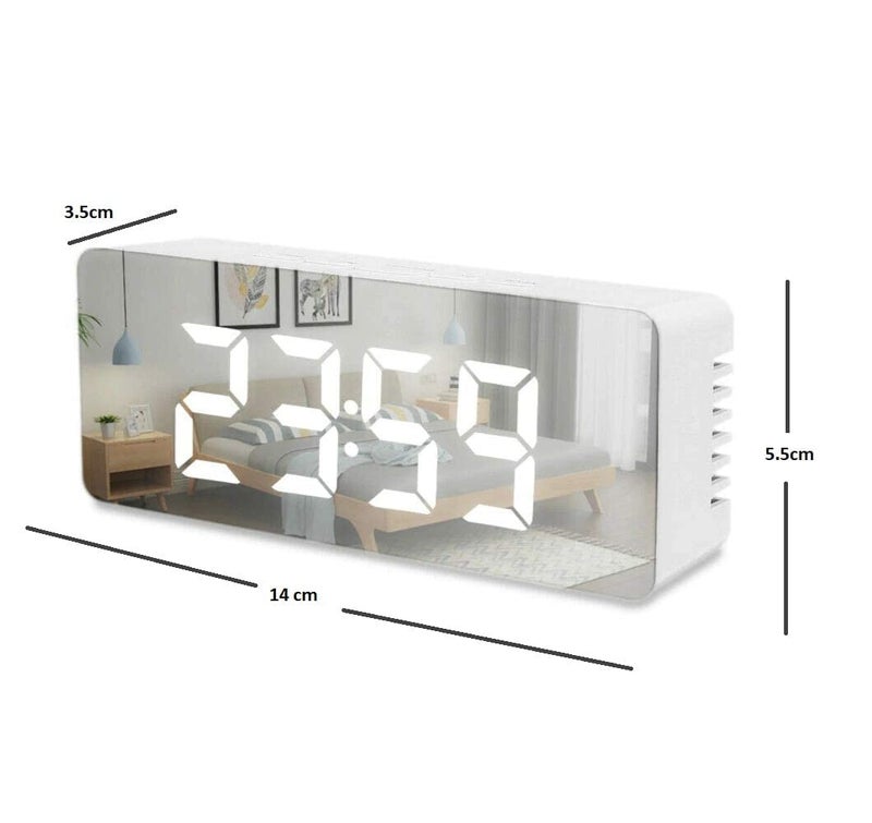 PANKTI Digital Plastic LED Mirror Alarm Clock for Heavy Sleepers Kids Large LED Display with Snooze Time Temperature Function for Bedroom Office Travel Battery and USB Powered 14 X 6 X 4 CM White - Image 4