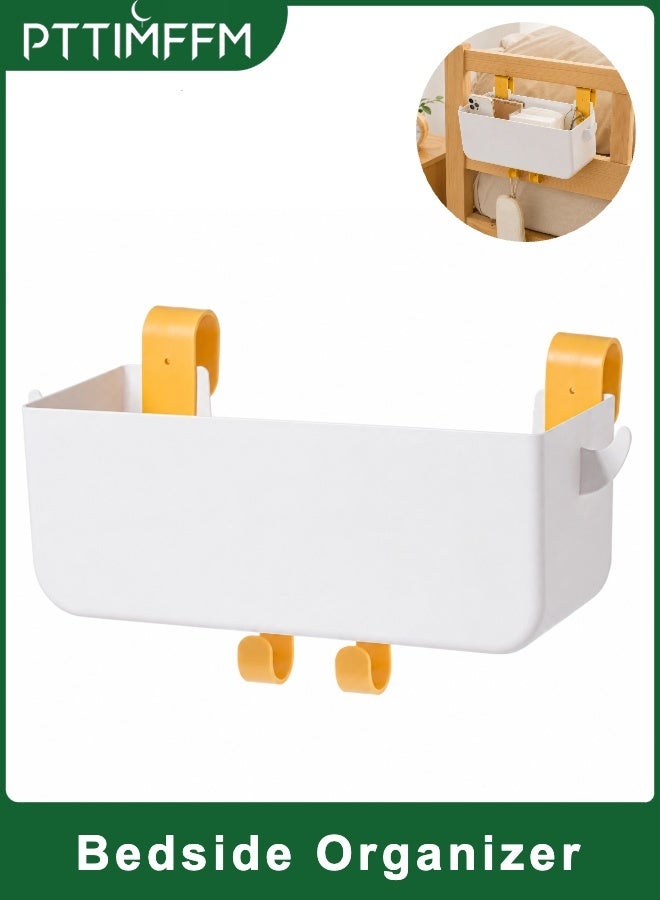 PTTIMFFM Bedside Hanging Storage Basket, White Bed Rail Organizer with Yellow Hooks, Open Top Bedside Caddy for Dorm Bed, Bunk Bed, Bedroom Essentials (31*12*12 CM) - Image 1