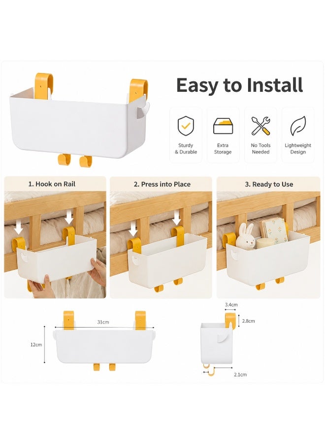 PTTIMFFM Bedside Hanging Storage Basket, White Bed Rail Organizer with Yellow Hooks, Open Top Bedside Caddy for Dorm Bed, Bunk Bed, Bedroom Essentials (31*12*12 CM) - Image 4