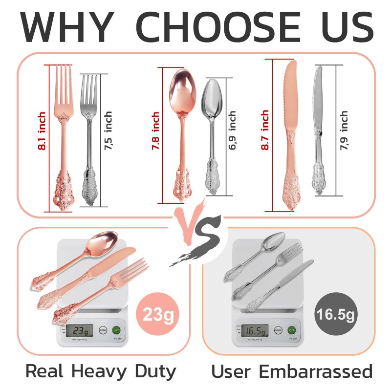 WDF 120Pieces Rose Gold Plastic Silverware - Heavy Duty Rose Gold Plastic Cutlery Set - Disposable Rose Gold Utensils - Rose Gold Flatware Includes 40 Forks  40 Spoons  40 Knives for Mother's Day - Image 3