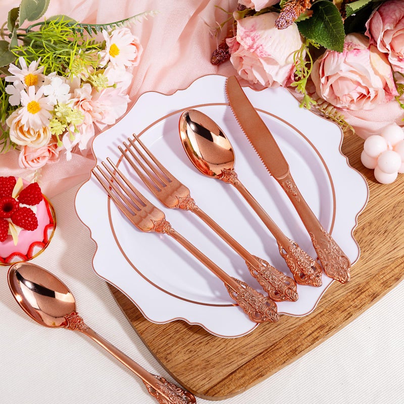 WDF 120Pieces Rose Gold Plastic Silverware - Heavy Duty Rose Gold Plastic Cutlery Set - Disposable Rose Gold Utensils - Rose Gold Flatware Includes 40 Forks  40 Spoons  40 Knives for Mother's Day - Image 2