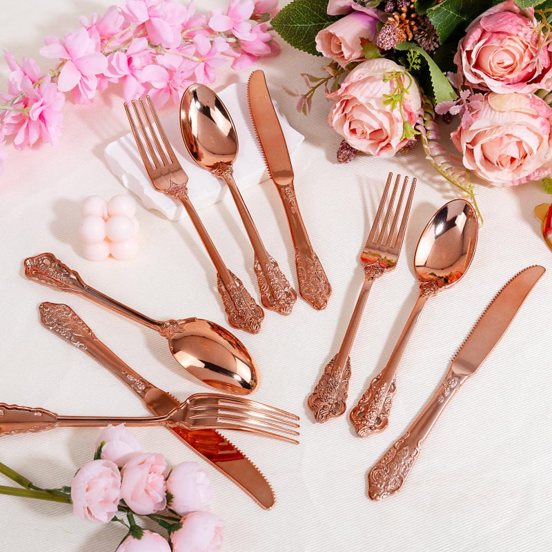 WDF 120Pieces Rose Gold Plastic Silverware - Heavy Duty Rose Gold Plastic Cutlery Set - Disposable Rose Gold Utensils - Rose Gold Flatware Includes 40 Forks  40 Spoons  40 Knives for Mother's Day - Image 1