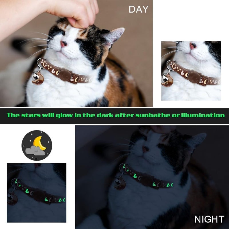 Baeuppit 2PCS Breakaway Cat Collars with Bell Cute Kitty Glow in The Dark Adjustable Kitten Collars 6.9-10.7 Inch(Brown&Black) - Image 3