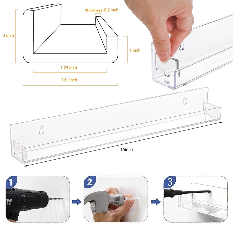 Baosia 2 Pack Clear Nail Polish Rack Wall Mounted,15 inch Invisible Acrylic Floating Bookshelf,Small Toy Storage Wall Shelf Modern Picture Ledge Vinyl Record Display Shelf Holder - Image 2