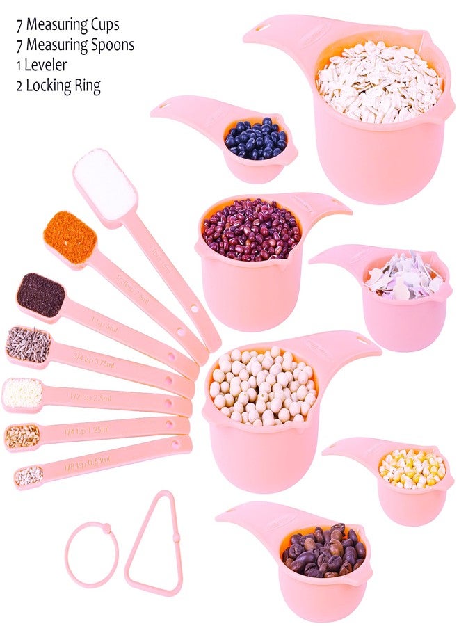 Smithcraft طقم أكواب وملاعق قياس من سميثكرافت، طقم أكواب قياس بلاستيكية مكون من 15 قطعة، أكواب وملاعق قياس جافة وردية اللون، 7 أكواب قياس و7 ملاعق قياس، أكواب وملاعق قياس للمطبخ للطبخ والخبز - Image 5