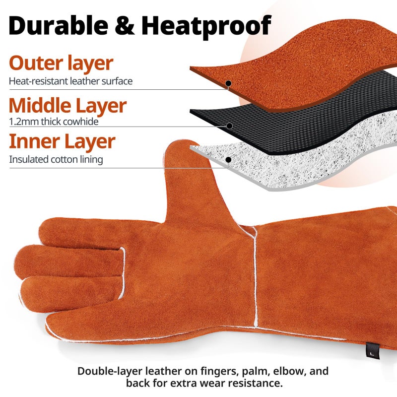vclpower Welding Gloves Fire Heat Resistant 14IN Fireproof Leather for Welding Fire Pit Wood Stove Campfire Furnace BBQ Baking,Grill Oven Stick Mig Tig Gear Gift for Man L - Image 5