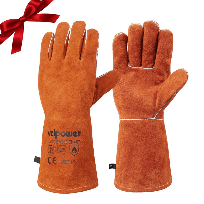 vclpower Welding Gloves Fire Heat Resistant 14IN Fireproof Leather for Welding Fire Pit Wood Stove Campfire Furnace BBQ Baking,Grill Oven Stick Mig Tig Gear Gift for Man L - Image 1