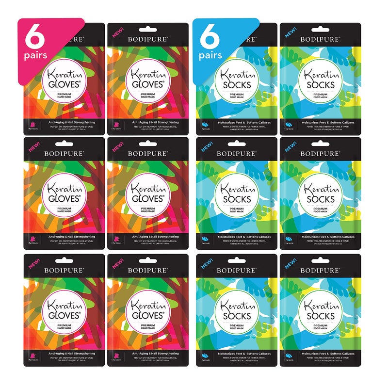 Bodipure Premium Hand and Foot Mask | Moisturizing Kertain Gloves & Socks | Hydrating Dull Dry Hands, Cracked Heels, Callus Softening & Nail Strengthening | Chemical-Free Feet Treatment | (6+6 Pack) - Image 1
