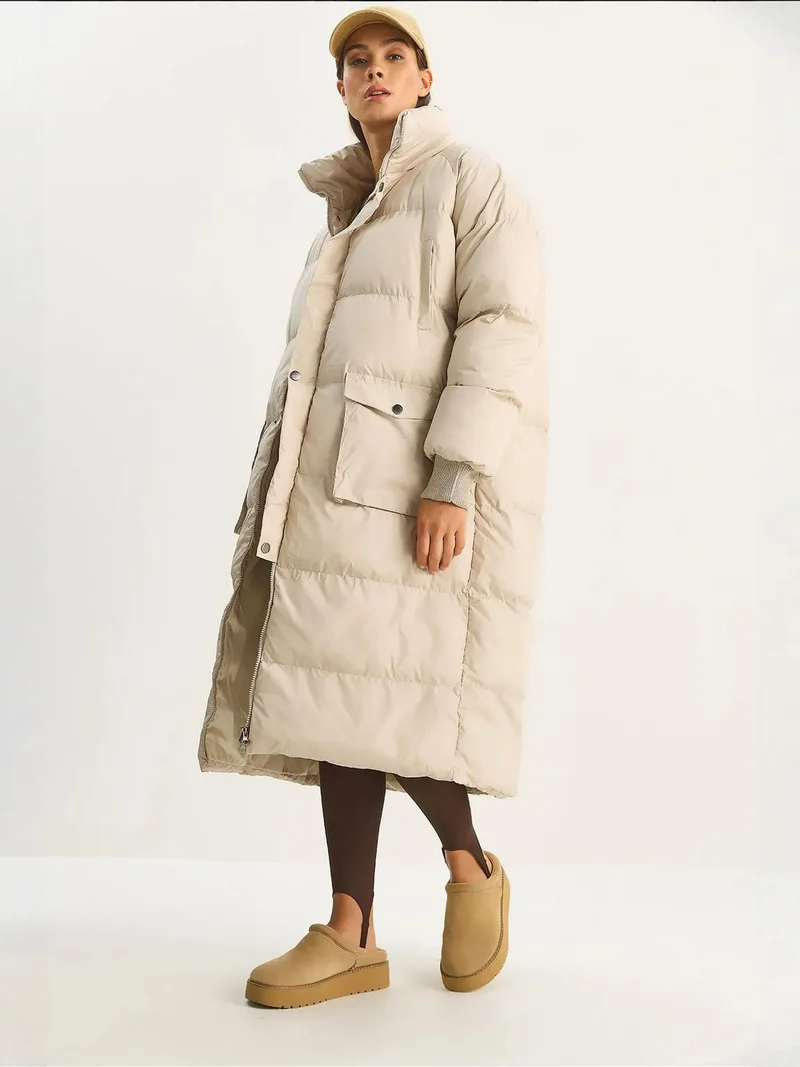 Bianco Lucci Beige Natural LUCCI Oversize Long Puffer Coat for Women | Best Price UAE