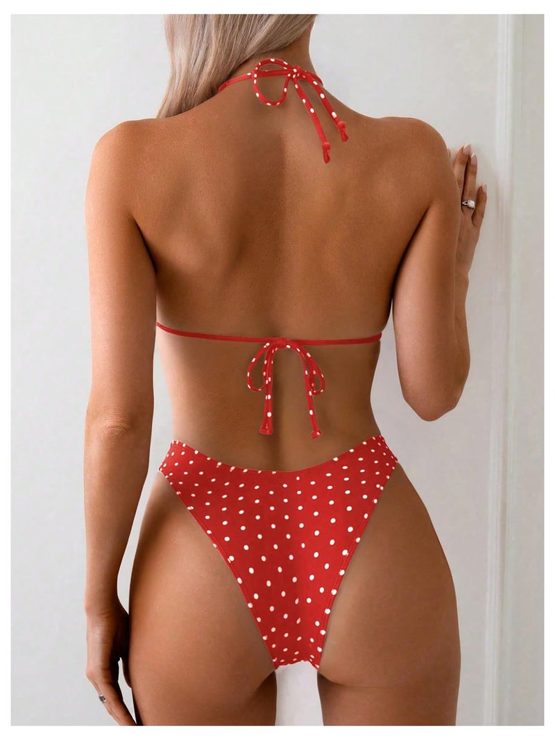 MakeMeChic Women's Polka Dots Triangle Thong Bikini Sets Floral Cute Bathing Suit Swimsuits Polka Dots Red Small - Image 2