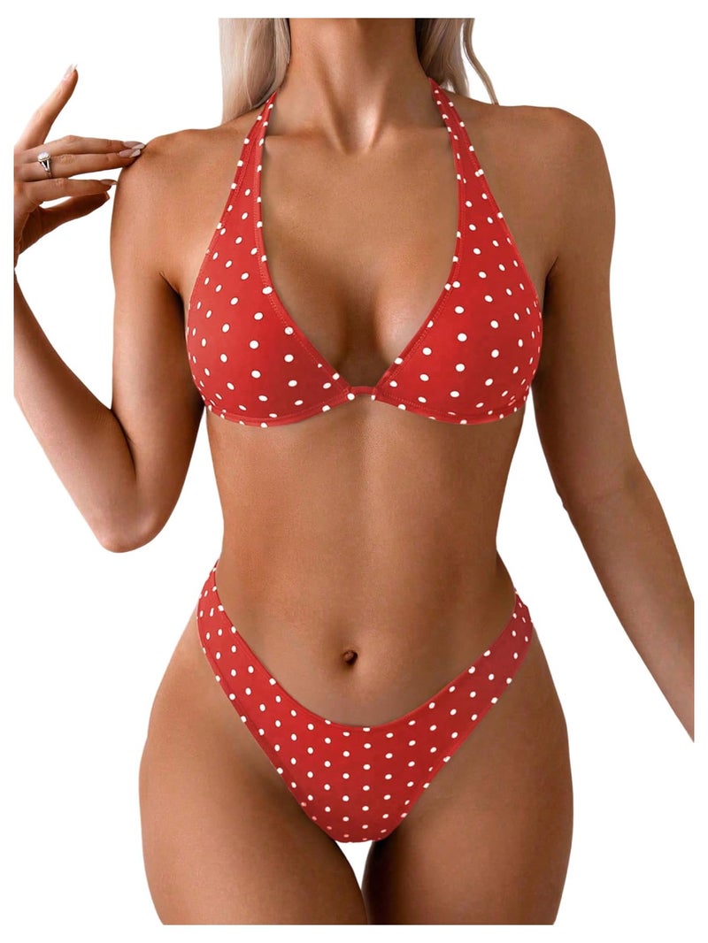 MakeMeChic Women's Polka Dots Triangle Thong Bikini Sets Floral Cute Bathing Suit Swimsuits Polka Dots Red Small - Image 1