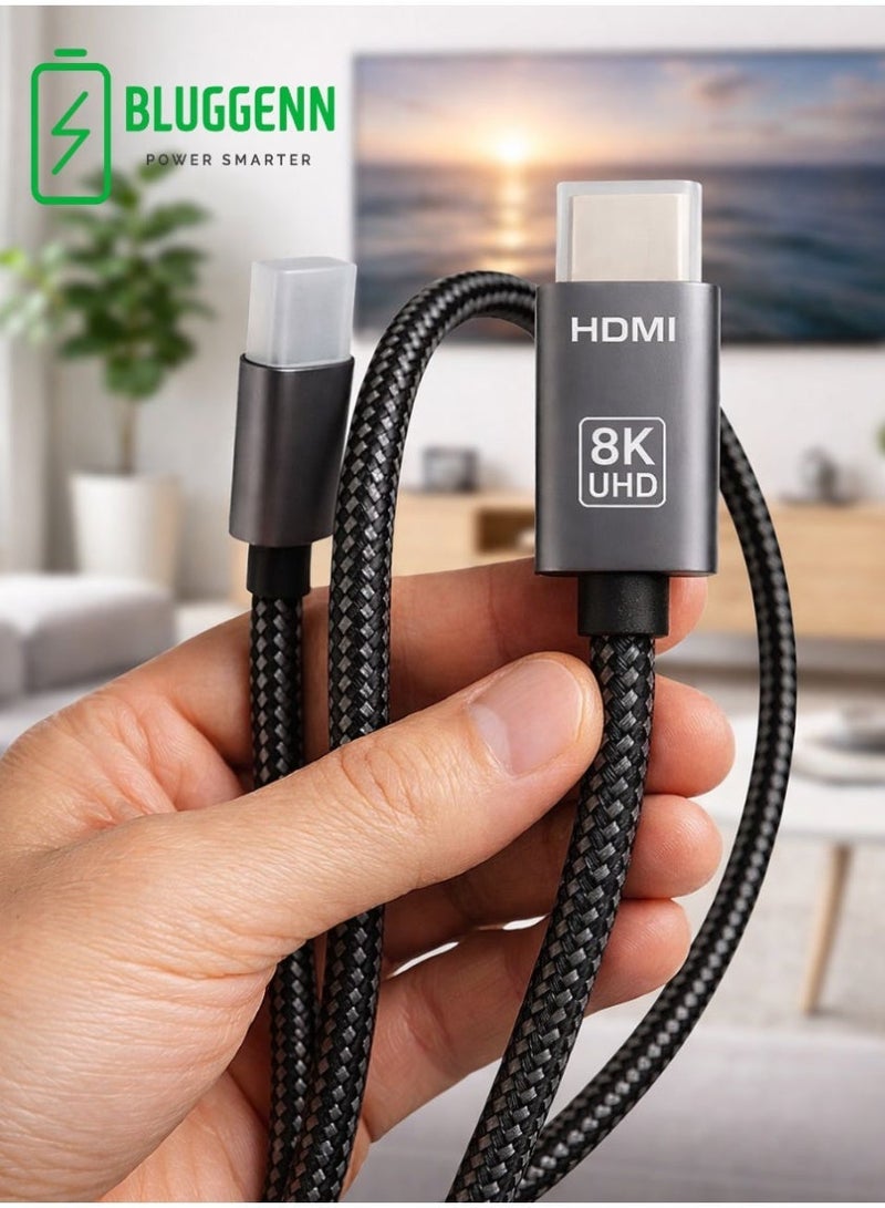 BLUGGENN HDMI 2.1 Cable 8K – Supports 8K at 60Hz, 4K at 120Hz, 2K at 240Hz, and 1080p at 240Hz, 48Gbps band width, 3D, HDR, HDCP, and Dolby – Ultra High-Speed HDMI Cable for Laptops, PCs, Monitors, Projectors, TVs , PS4, PS5, Xbox, Switch, and HD TV devices - Image 1