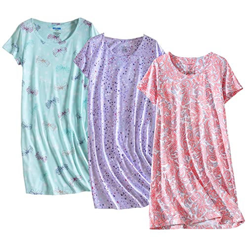 PNAEONG 3 Pack Women's Cotton Nightgown Sleepwear Short Sleeves Shirt Casual Print Sleepdress SY003-Fly+Purple+Paisley-S - Image 1