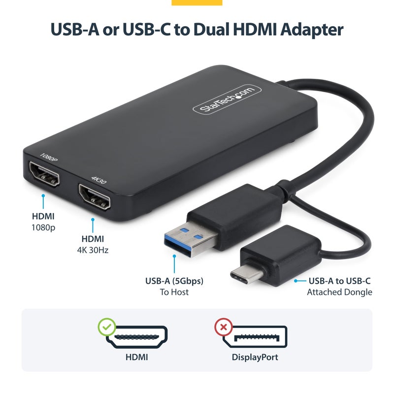StarTech.com Dual Monitor Adapter for M1/M2/M3/M4 macOS Systems, Windows, ChromeOS. Thunderbolt, USB 3.0 or USB-C HDMI Splitter Extended Display, 4K30 Output 1 & 1080p Output 2, (107B-USB-HDMI-2) - Image 2