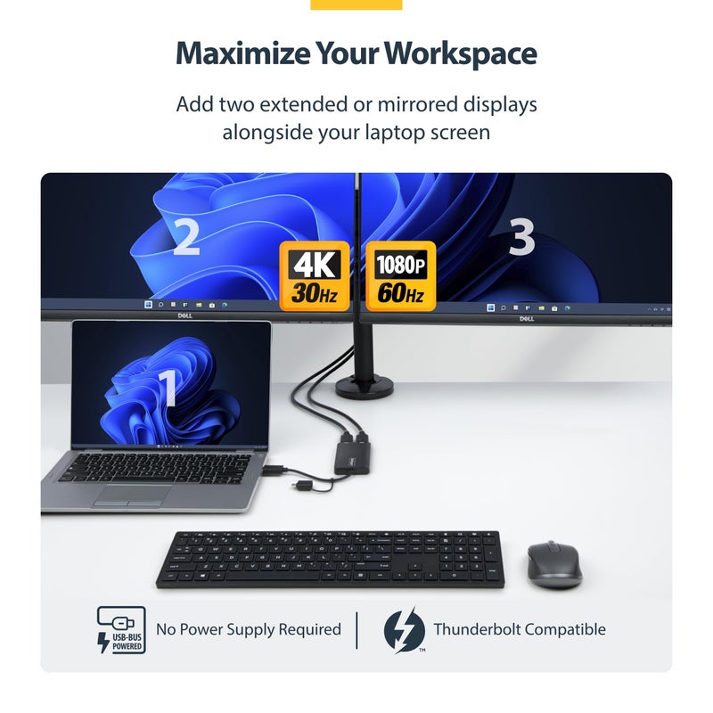 StarTech.com Dual Monitor Adapter for M1/M2/M3/M4 macOS Systems, Windows, ChromeOS. Thunderbolt, USB 3.0 or USB-C HDMI Splitter Extended Display, 4K30 Output 1 & 1080p Output 2, (107B-USB-HDMI-2) - Image 3