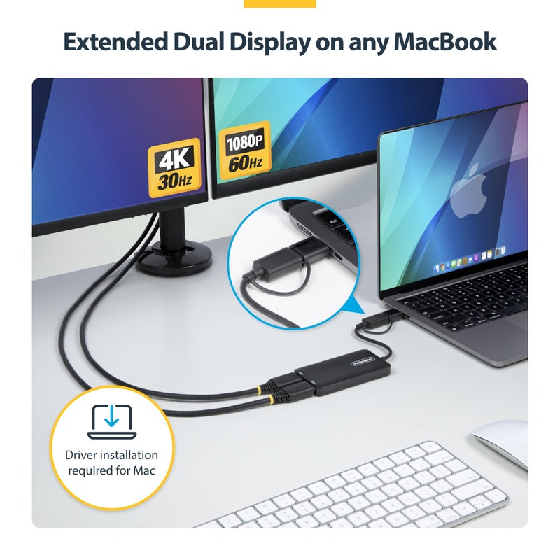 StarTech.com Dual Monitor Adapter for M1/M2/M3/M4 macOS Systems, Windows, ChromeOS. Thunderbolt, USB 3.0 or USB-C HDMI Splitter Extended Display, 4K30 Output 1 & 1080p Output 2, (107B-USB-HDMI-2) - Image 4