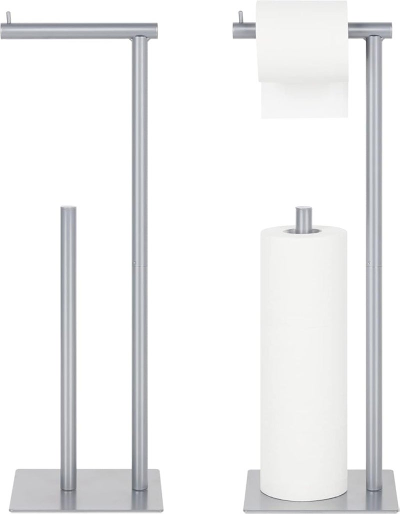 CADUKE Toilet Paper Stand Tissue Roll Holder with Reserve Free Standing Toilet Paper Holder with Storage Floor Paper Roll Dispenser for Bathroom Lavatory, Silver 2 Pack