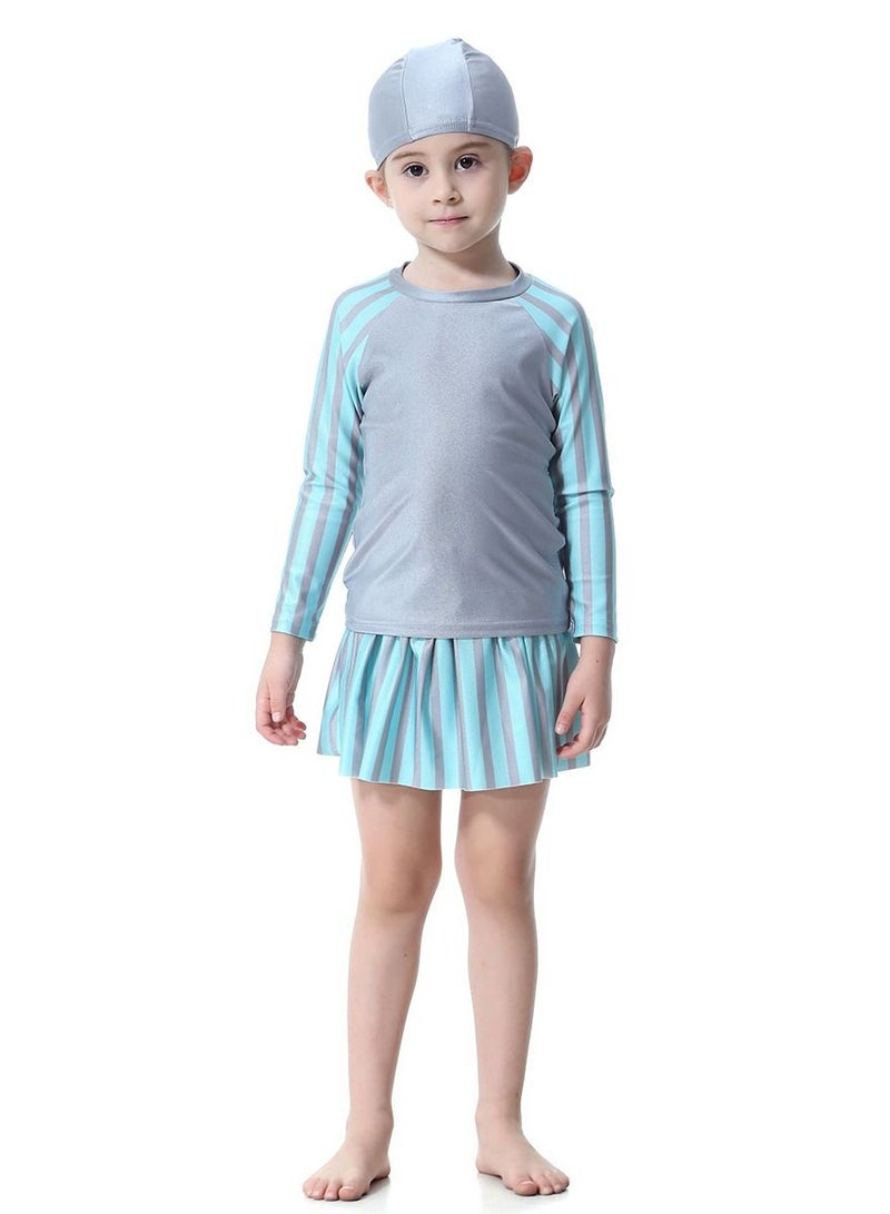 Loquat Girl's 3-Piece Stripes Pattern Swimwear Set Long Sleeve Burkini Swimsuit With Skirt Grey/Blue  - Image 1