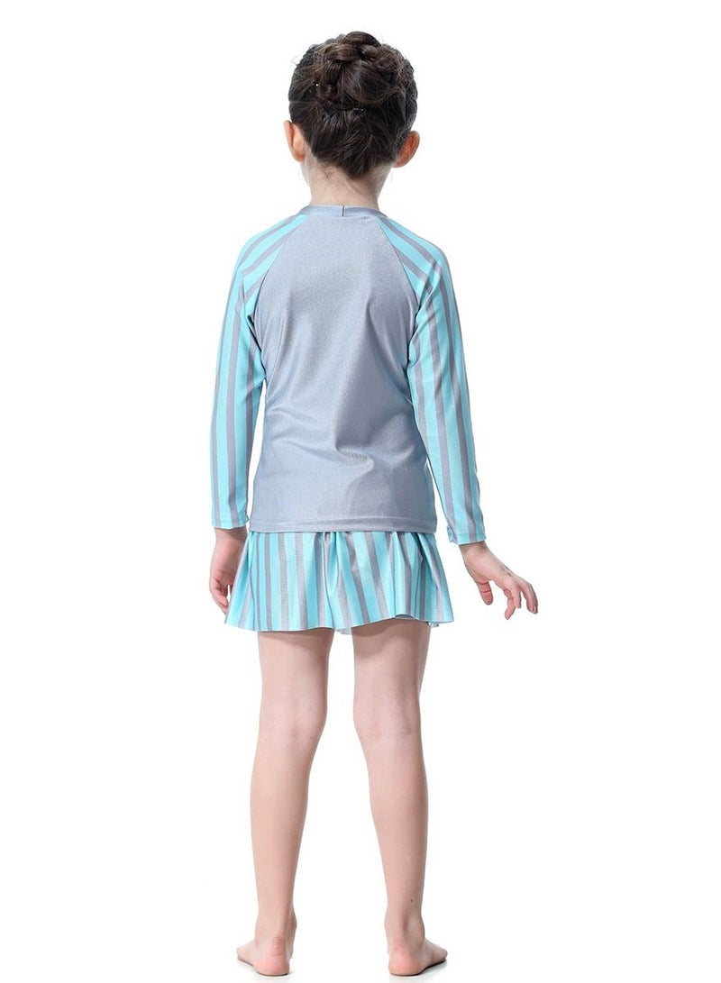 Loquat Girl's 3-Piece Stripes Pattern Swimwear Set Long Sleeve Burkini Swimsuit With Skirt Grey/Blue  - Image 2