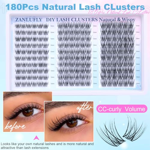 zanlufly Lash Clusters Wispy Eyelash Clusters Natural CC-Curly Cluster Lashes zanlufly Wispy Individual Lashes 180Pcs Eyelash Extension 10 12 14MM DIY Lash Extension - Image 5