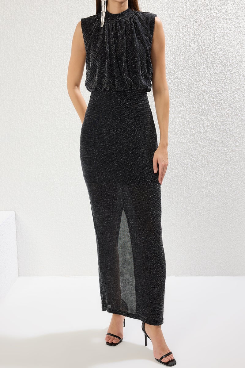 trendyol Black Glitter Knitted Elegant Long Evening Night Graduation Dress - Image 3