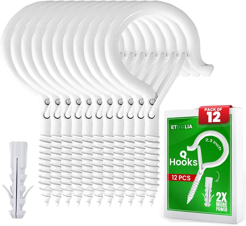 Etoolia 12 Pcs Q Hanger Hooks with Safety Buckle, for Hanging Plants, Screw Hooks for Hanging Outdoor String Lights, Wind Chimes, Patio Lights & Party Decors, 2.2 Inches, White - Image 1
