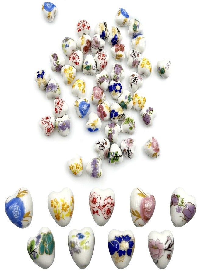 Metulip 45Pcs Heart Shaped Porcelain Beads for Jewelry Making, 13x12mm 9 Styles Flower Printed Ceramic Beads - Image 1
