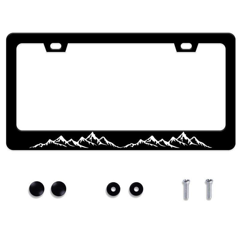 UNINDREM Mountains License Plate Frame Black White Mountain Stainless Steel License Plate Frame Auto Parts Decoration with Screws License Plate for Men Women 12x6 Inch - Image 3