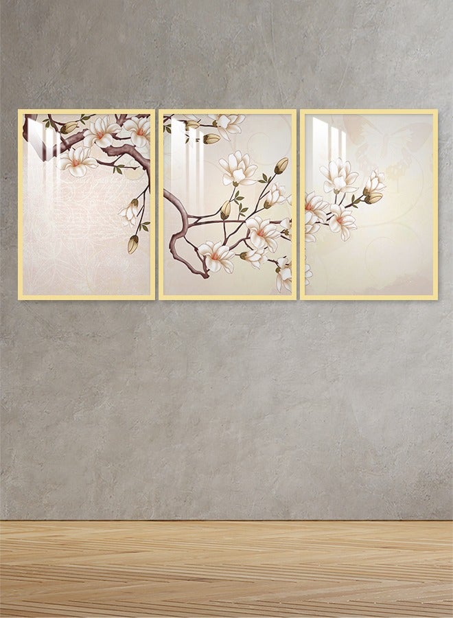 4gdran Three wooden wall panels with a floral design, size (150x70) cm, with a wooden frame and a transparent acrylic layer - Image 1