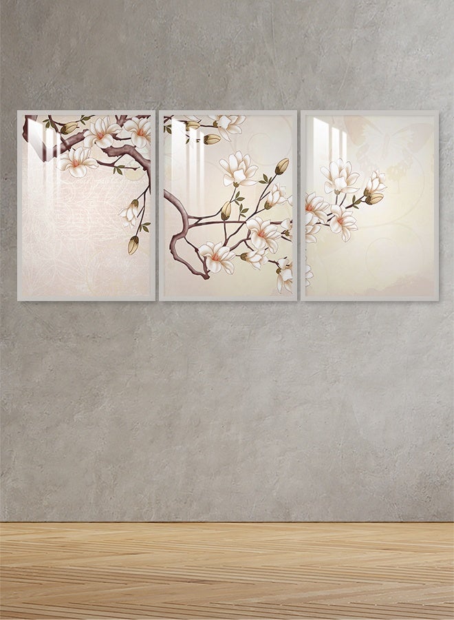4gdran Three wooden wall panels with a floral design, size (150x70) cm, with a wooden frame and a transparent acrylic layer - Image 3