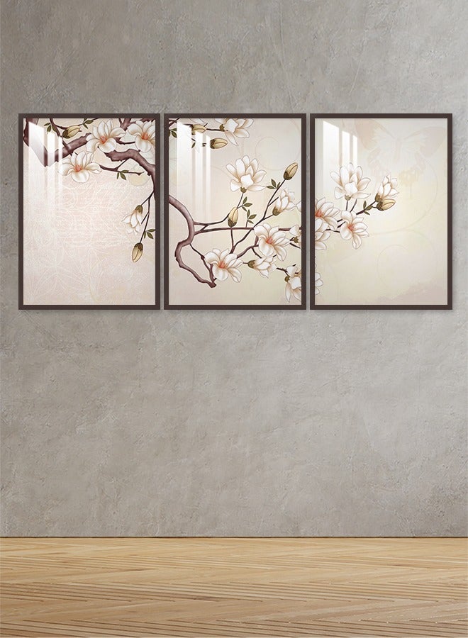 4gdran Three wooden wall panels with a floral design, size (150x70) cm, with a wooden frame and a transparent acrylic layer - Image 4