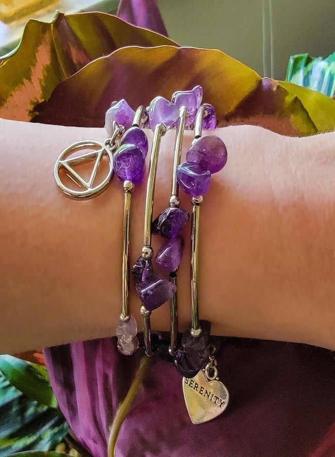 The Token Shop Amethyst AA Bracelet with Alcoholics Anonymous Circle Triangle Symbol and Serenity Heart Charm | Sobriety Gift for Women - Image 4
