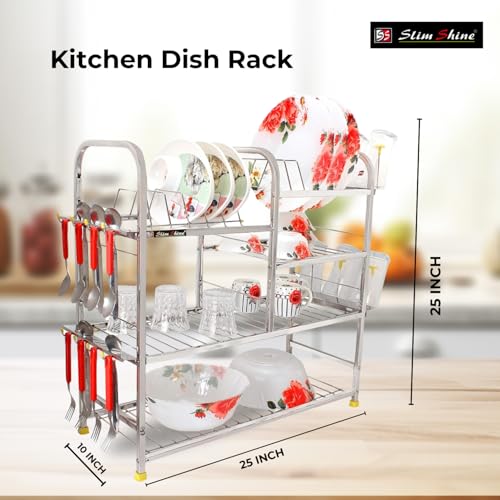 Slim Shine SLIMSHINE Stainless Steel Kitchen Dish Rack | Plate Cutlery Stand | Kitchen Utensils Rack | Modern Kitchen Storage Rack (25 x 25) Inch, Silver - Image 3