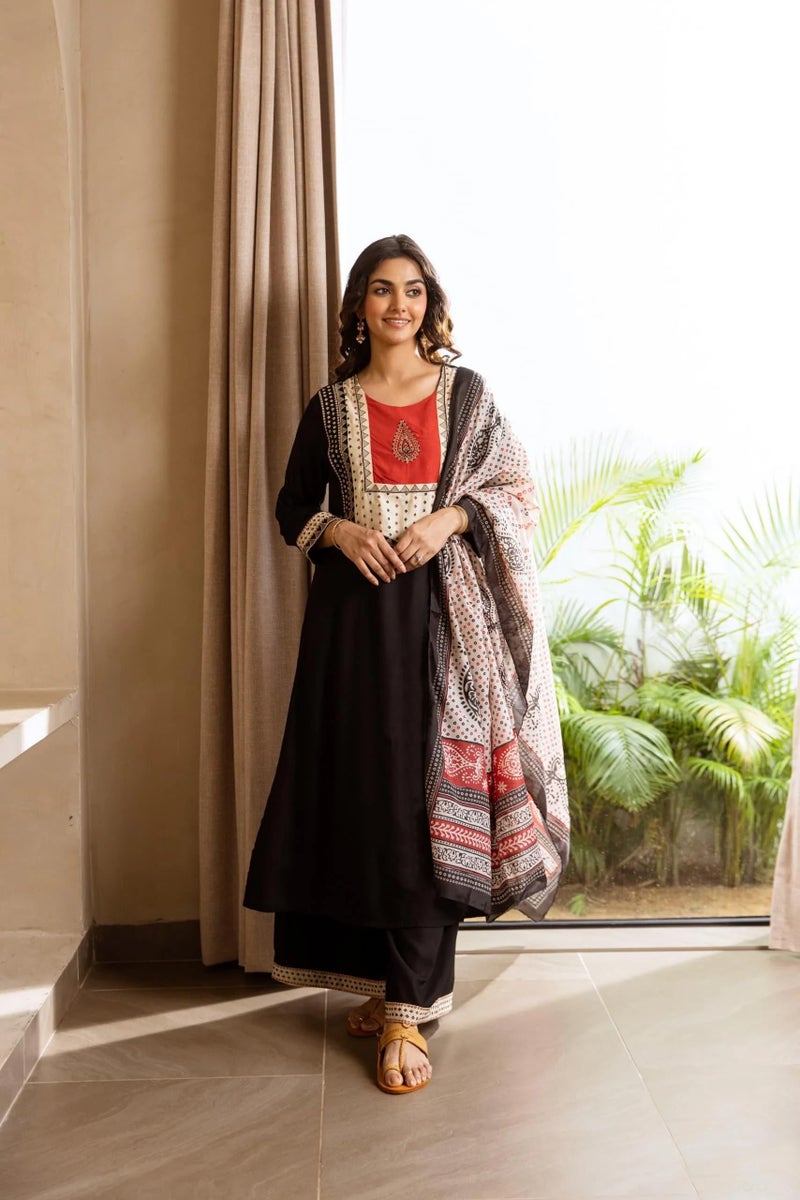 ANNI Designer Women's Rayon Viscose Straight Printed Kurta with Palazzo & Dupatta (HETAL Black_L_Black_Large) - Image 5