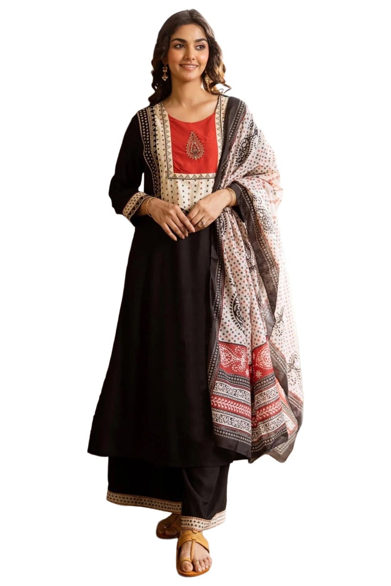 ANNI Designer Women's Rayon Viscose Straight Printed Kurta with Palazzo & Dupatta (HETAL Black_L_Black_Large) - Image 1