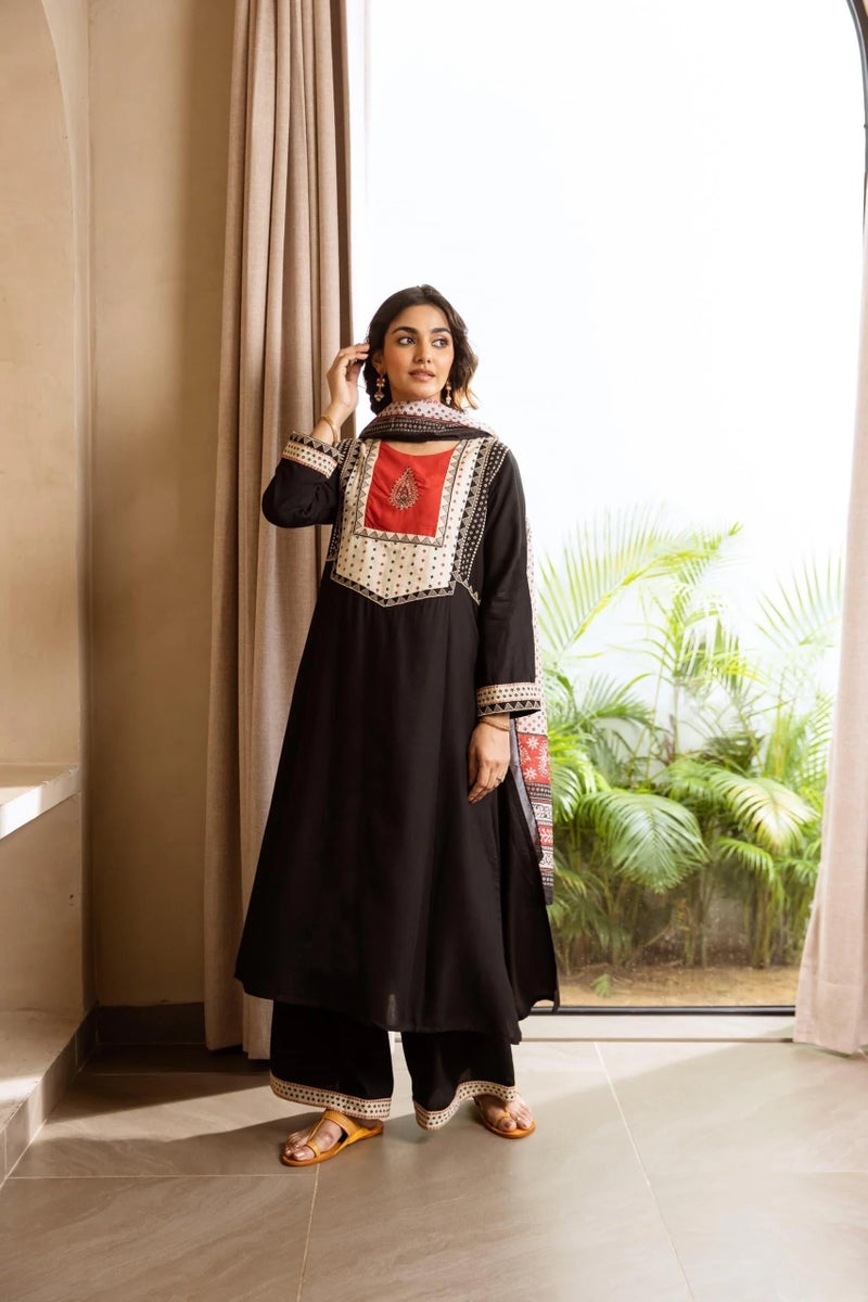 ANNI Designer Women's Rayon Viscose Straight Printed Kurta with Palazzo & Dupatta (HETAL Black_L_Black_Large) - Image 3
