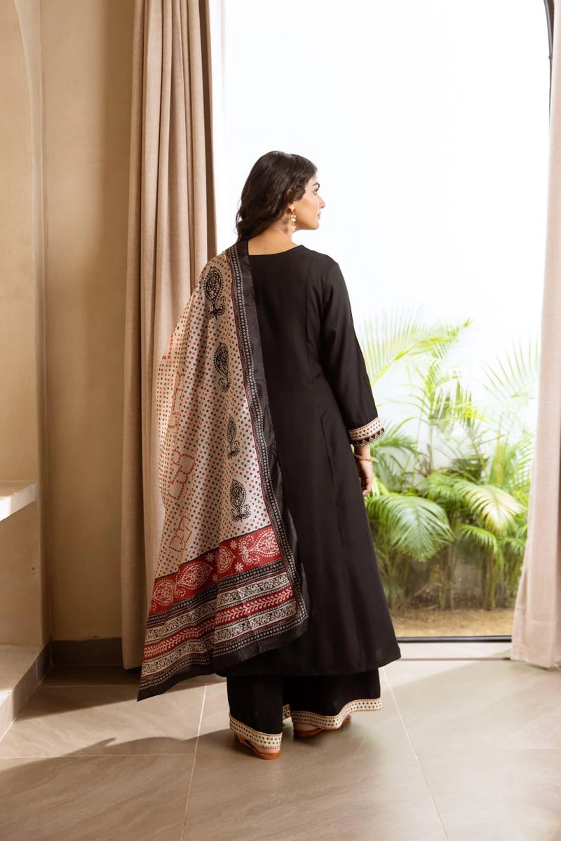 ANNI Designer Women's Rayon Viscose Straight Printed Kurta with Palazzo & Dupatta (HETAL Black_L_Black_Large) - Image 2