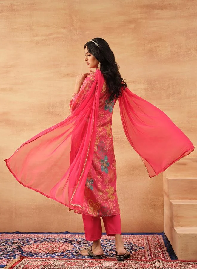 ISHIN Women's Pink Chinon Printed Tunic Top With Ankle Palazzo Straight 3 Peice Kurta Set