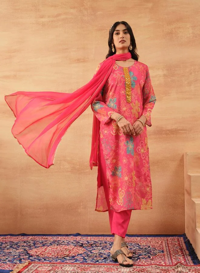 ISHIN Women's Pink Chinon Printed Tunic Top With Ankle Palazzo Straight 3 Peice Kurta Set