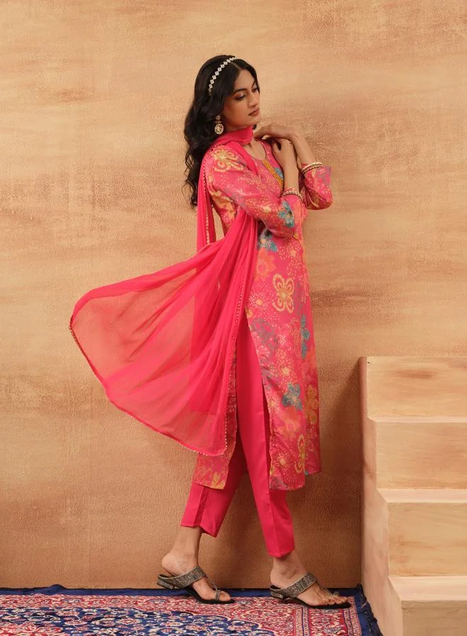 ISHIN Women's Pink Chinon Printed Tunic Top With Ankle Palazzo Straight 3 Peice Kurta Set